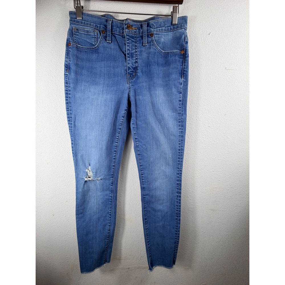 Madewell Womens 29 Skinny Jeans Blue Distressed Raw Hem Mid Rise Denim Everyday